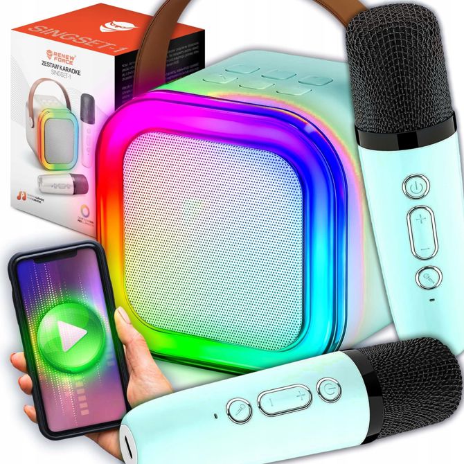 Karaoke zvočnik 1200 mAh, Bluetooth 5.3, 10 W, 2× brezžični mikrofon, LED RGB, modra