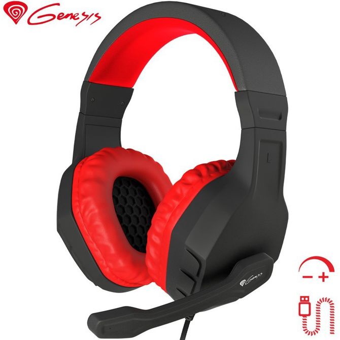 Naglavne igralne slušalke z mikrofonom GENESIS Argon 200, STEREO 2.0, LED-osvetlitev, pleten USB-kabel - črno-rdeče