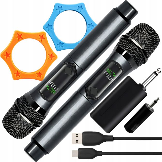 Karaoke set brezžični 2× mikrofon, LCD prikaz, 2,4 GHz, doseg 50 m, USB-C polnjenje