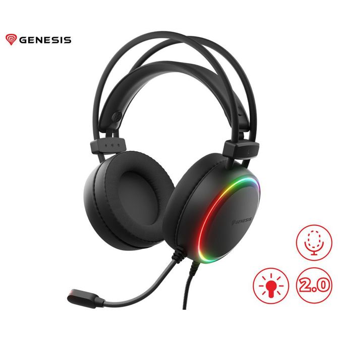 Slušalke Genesis NEON 213 žične, 2.0 stereo zvok, mikrofon, RGB LED osvetlitev, nadzor glasnosti, črne