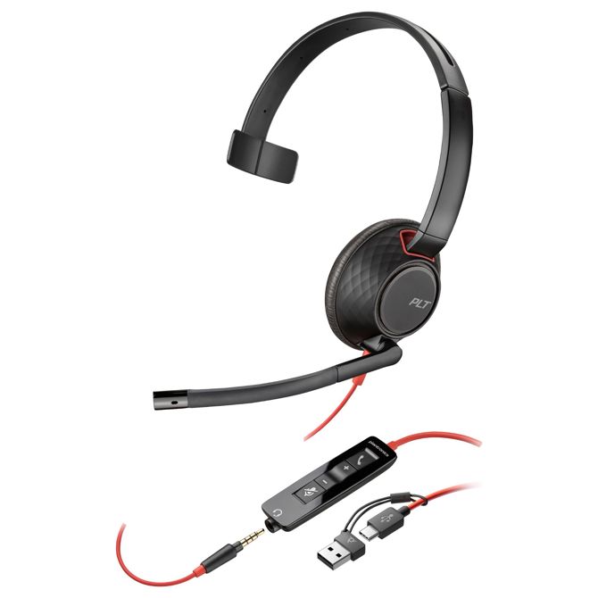 Slušalke Poly Blackwire 5210 Monaural USB-C slušalke + 3,5 mm vtič + USB-C/A adapter (207577-201)
