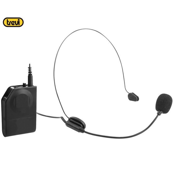 Brezžični naglavni mikrofon s sprejemnikom TREVI EM408 UHF, frekvenca UHF 677MHz, domet do 20m, sprejemnik JACK 6.3mm, črn