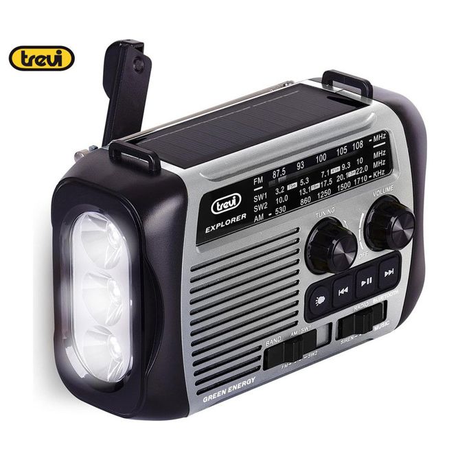 Radijski sprejemnik TREVI RA 7F30 BT DYNAMO , 3v1, FM Radio, zvočnik, teleskopska antena, polnilna baterija, solarni panel, LED svetilka, retro izgled, prenosen, FM / AM / SW, USB, microSD, sivo-črn