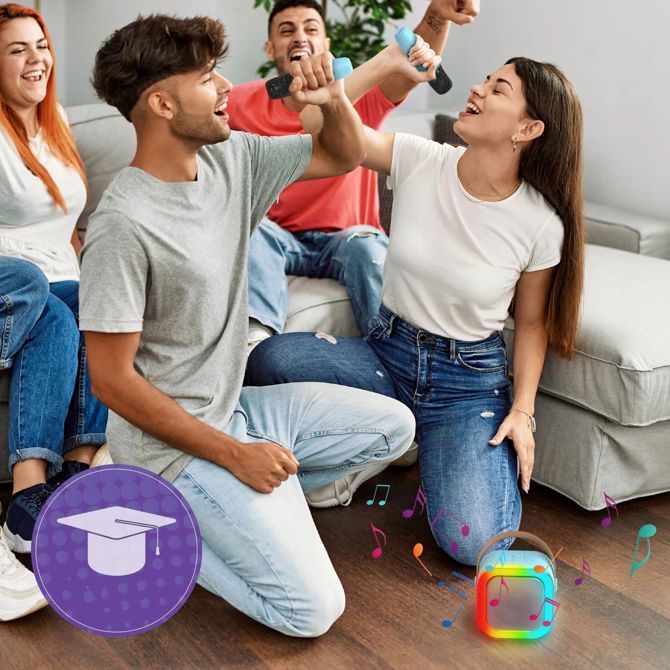 Karaoke zvočnik 1200 mAh, Bluetooth 5.3, 10 W, 2× brezžični mikrofon, LED RGB, modra 4