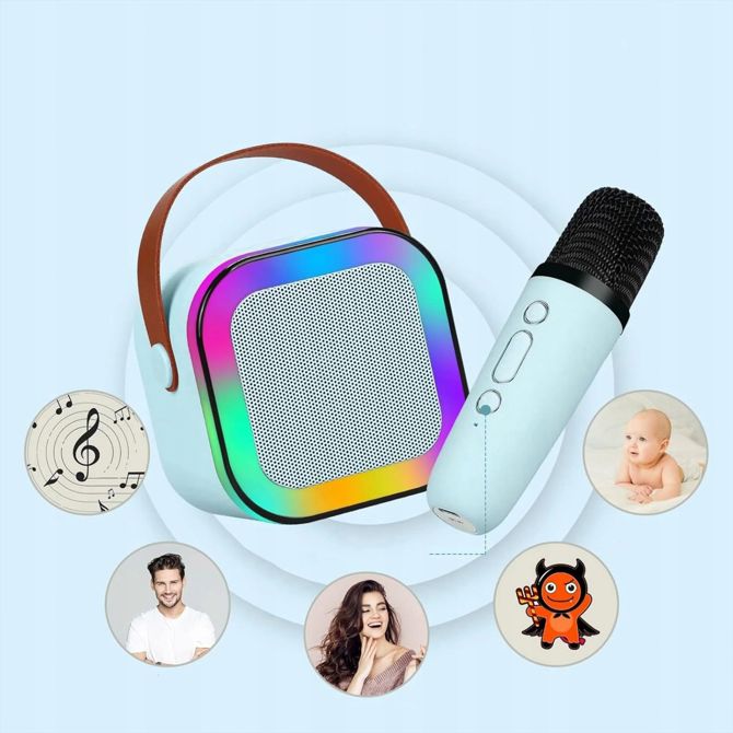 Karaoke zvočnik 1200 mAh, Bluetooth 5.3, 10 W, 2× brezžični mikrofon, LED RGB, modra 6