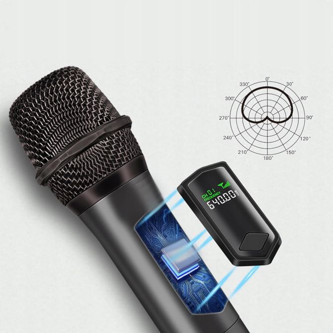Karaoke set brezžični 2× mikrofon, LCD prikaz, 2,4 GHz, doseg 50 m, USB-C polnjenje 3