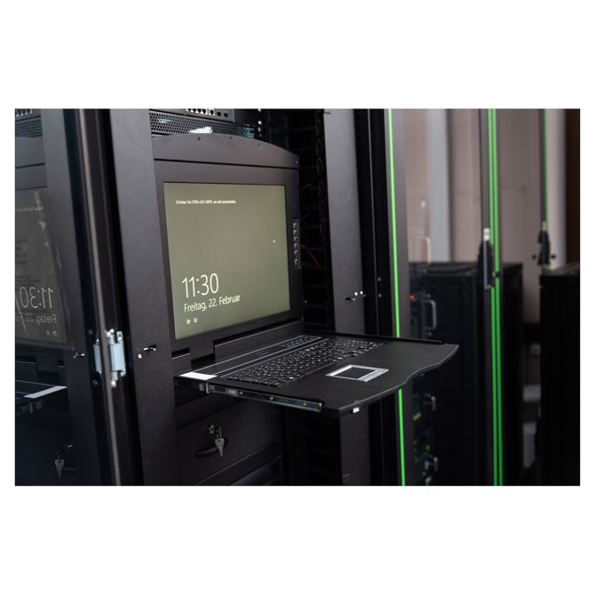 Modularna HD LCD KVM konzola Digitus z 19-palčnim TFT zaslonom, 16-portnim HDMI KVM priključkom, sledilno ploščico in nemško razporeditvijo tipkovnice 2