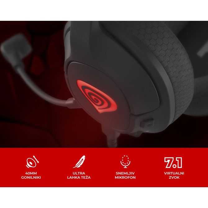 GENESIS RADON 800 gaming naglavne slušalke, 2v1, 7.1 STEREO zvok, snemljiv mikrofon, ultra lahke, LED osvetlitev, dodatne ušesne blazinice, + torbica, črne 4