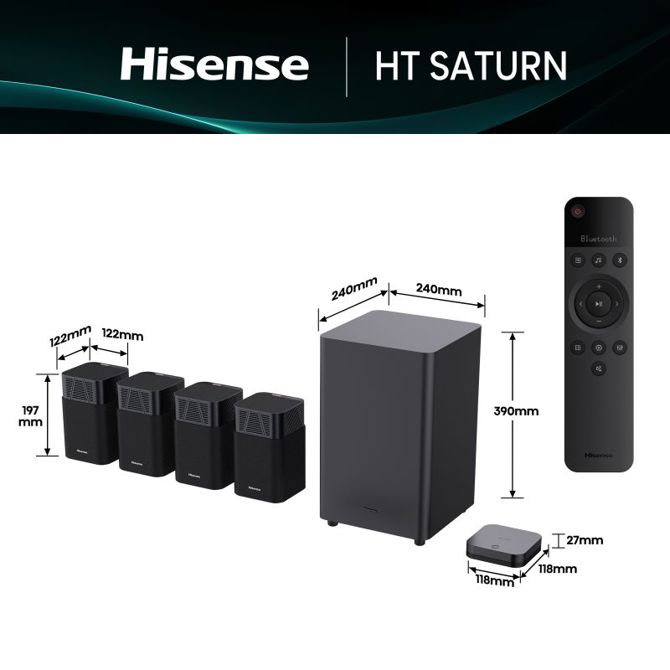 Soundbar Hisense HT SATURN  z Dolby Atmos, 720 W močjo in satelitskimi zvočniki 2