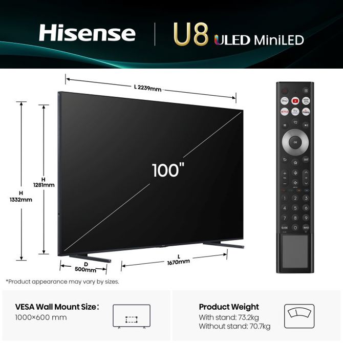 Televizor Hisense 100U8Q, 254 cm (100), 4K ULED Mini LED PRO, 165 Hz, Dolby Vision Atmos, VIDAA Smart TV 2