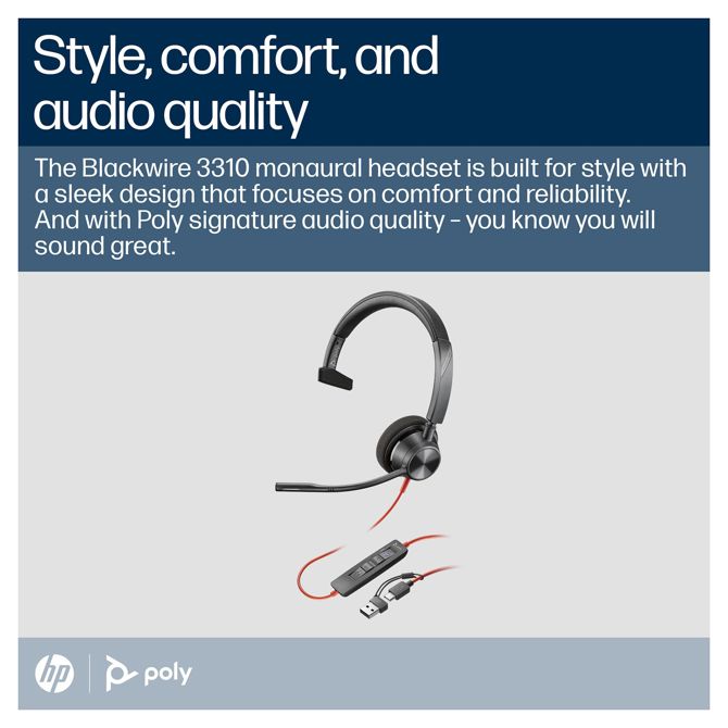 Slušalke Poly Blackwire 3310 Monaural Microsoft Teams certificirane slušalke USB-C + adapter USB-C/A (212703-01) 2
