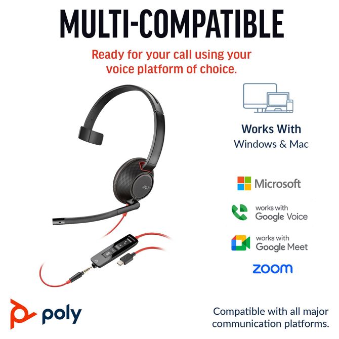 Slušalke Poly Blackwire 5210 Monaural USB-C slušalke + 3,5 mm vtič + USB-C/A adapter (207577-201) 3