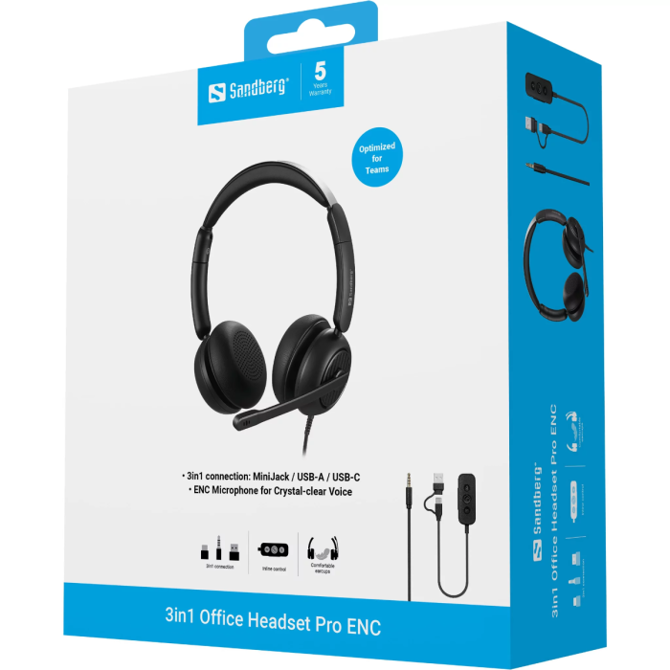 Slušalke Sandberg 3v1 Office Headset Pro USB-C/USB-A/3,5 mm, ENC, mikrofon, nadzor na kablu, udobne blazinice 6