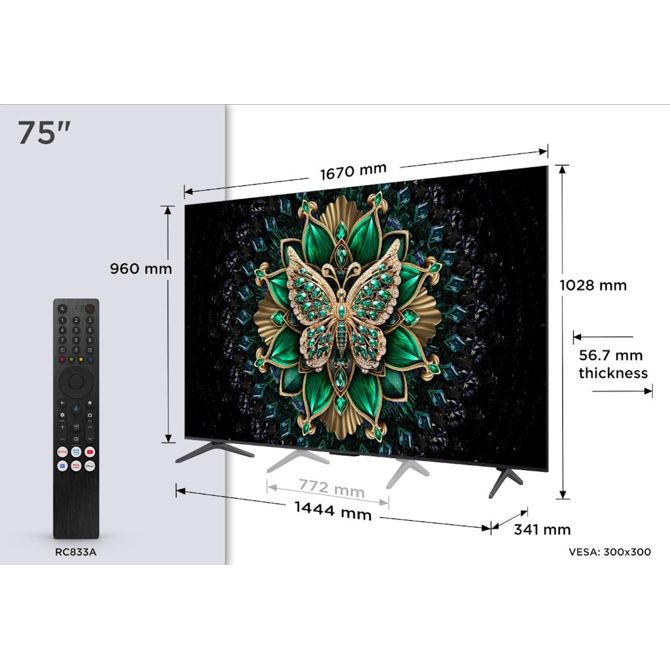 Televizor TCL 75C61K 190 cm (75''), 3840x2160 (4K UHD), QD-Mini LED, Google TV, 144Hz, Onkyo zvok z Dolby Atmos 3