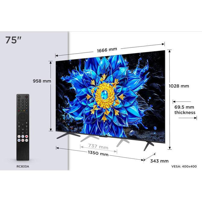 Televizor TCL 75P8L QD-Mini LED 4K, 144 Hz, Dolby Vision, ONKYO zvok, Google TV 2