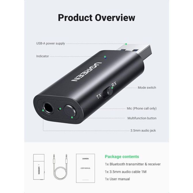 UGREEN bluetooth 5.1 brezžični oddajnik/sprejemnik 2v1 za TV, Domači avdio sprejemnik, Avtoradio,... 3