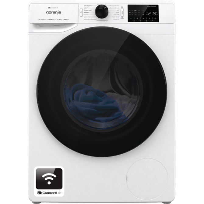 Pralni stroj s sprednjim polnjenjem Gorenje WPNEI14A2TS 10 kg, 1400 vrt/min, ConnectLife, Wi-Fi, bela/črna
