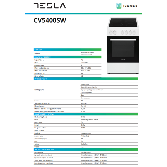 Električni štedilnik Tesla CS5400SW, pečica: 48 l 4