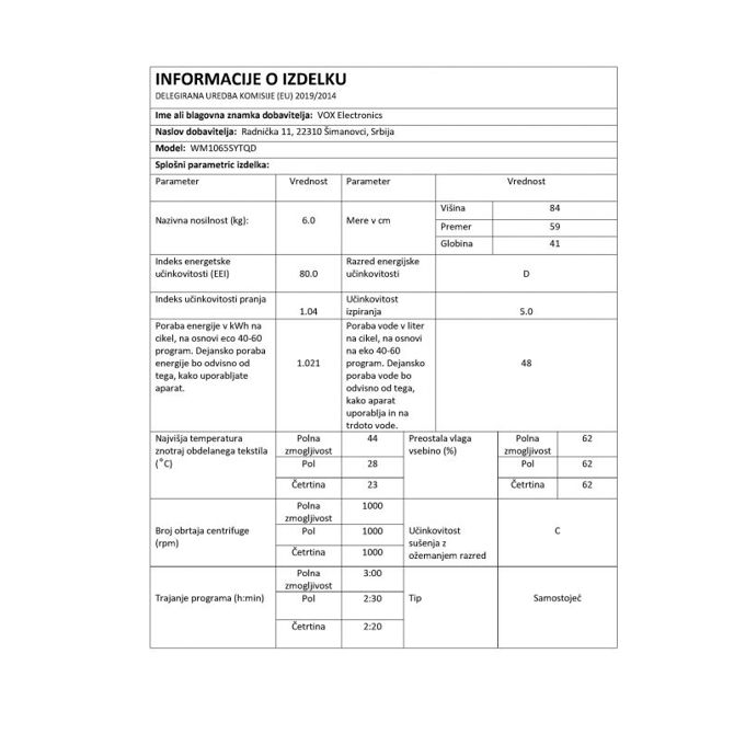 Pralni stroj VOX WM 1065-SYTQD, razred D, 6 kg, 1000 obr./min, 15 programov, 59,7 x 84,5 x 41,6 cm, bela 3