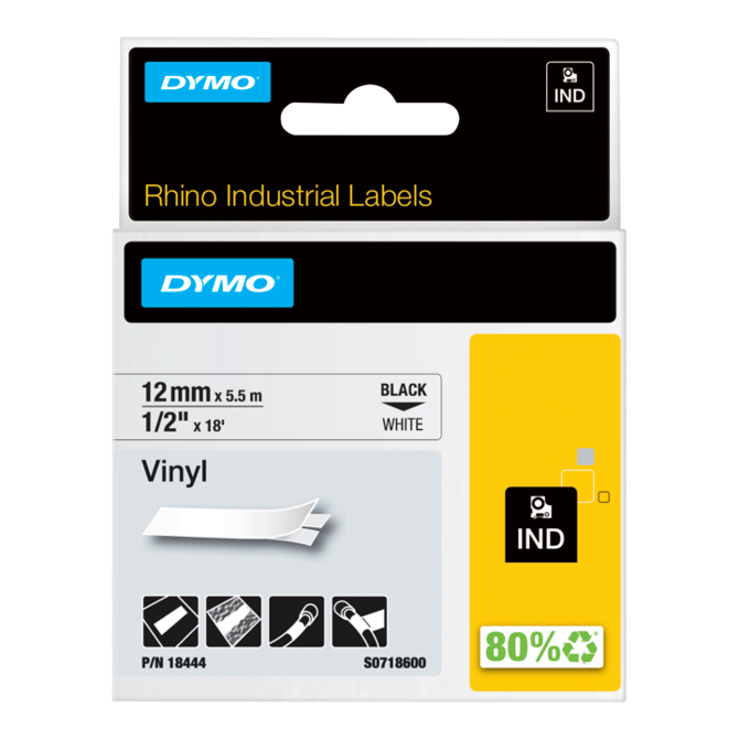 Dymo 18444 (S0718600)  RHINO vinil profi D1 črno na belo 12mm x 5,5m , etikete