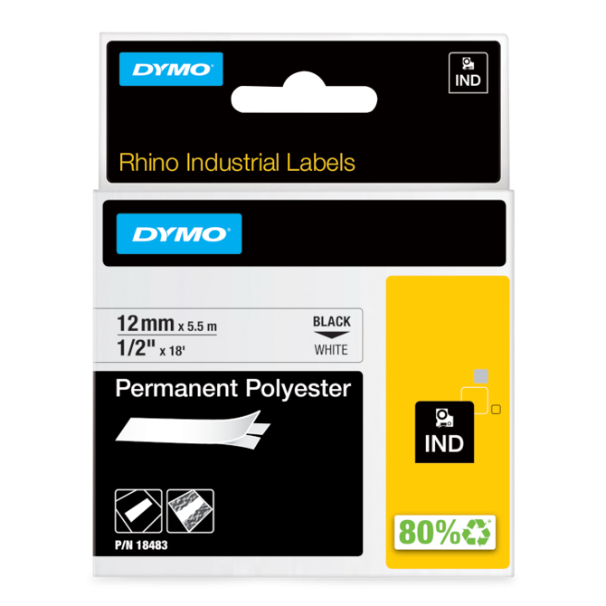 Dymo 18483 RHINO 12mm x 5,5m črno na belo permanentni poliester D1 etiketa