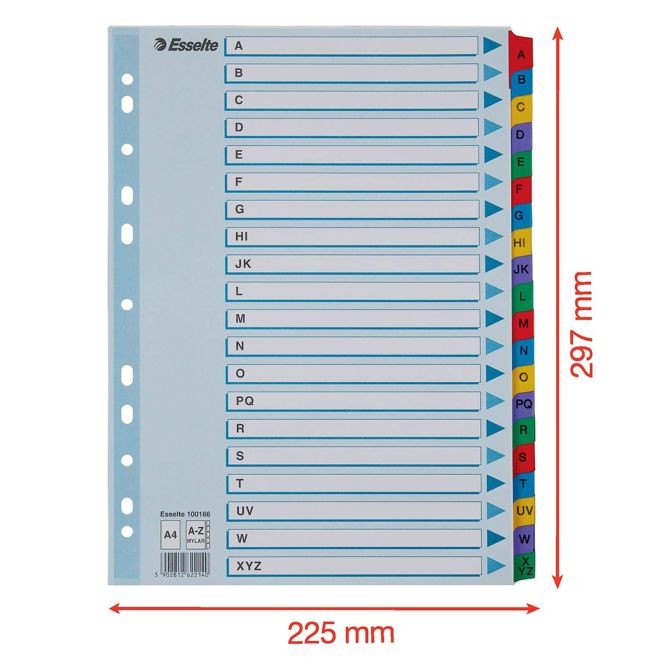 Esselte pregradni karton Mylar, A4, PP, barvni, A-Z 3