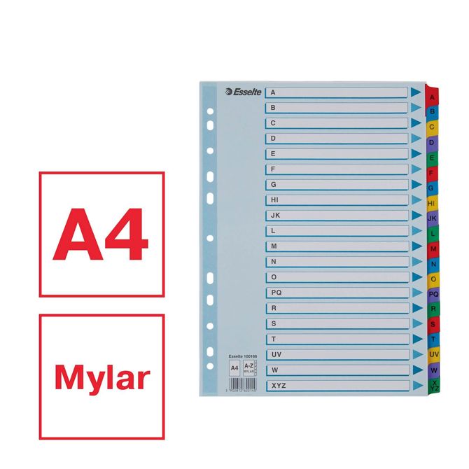 Esselte pregradni karton Mylar, A4, PP, barvni, A-Z 4