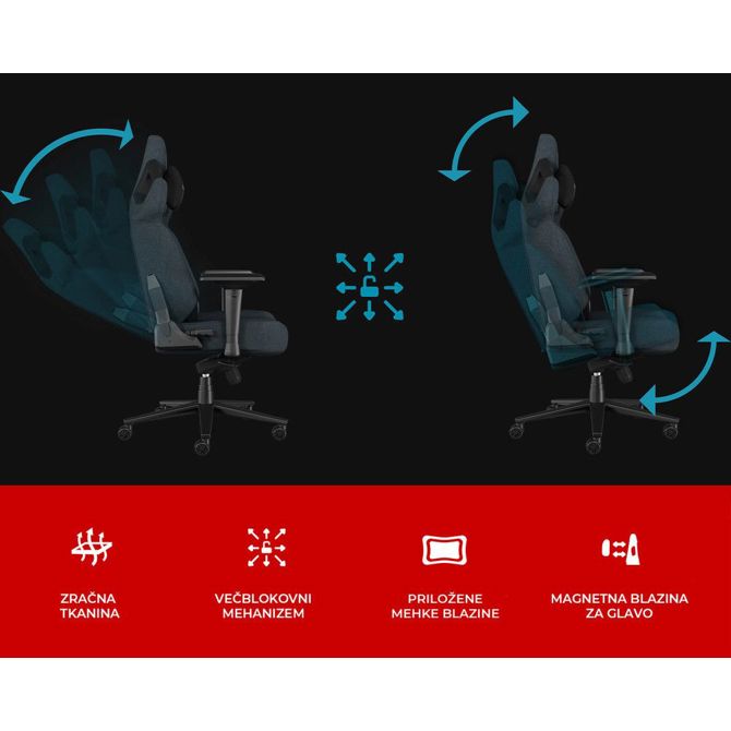 Gaming / pisarniški stolGENESIS NITRO 800 , ergonomski, nastavljiva višina / naklon, zibanje, 2x blazina, 4D nasloni za roke, kolesa CareGLide™, tkanina, do 150kg, črno siv 2