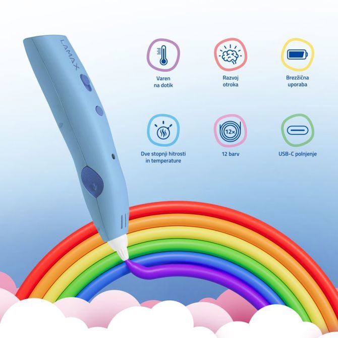 3D svinčnik LAMAX ArtKid1, TouchSafe tehnologija, 12 barv polnil, 2 hitrosti, USB-C polnjenje, modre barve 4