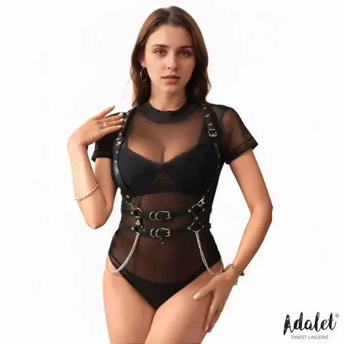 Oprtnik Adalet Finest Lingerie Brenda Black, vegansko usnje, nastavljiv erotični oprtnik s kovinskimi verigami, črne barve