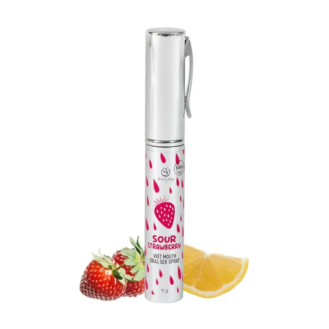 Oralni stimulacijski sprej Secret Play Sour Strawberry, 11 g, vodna osnova, užiten, kisla jagoda