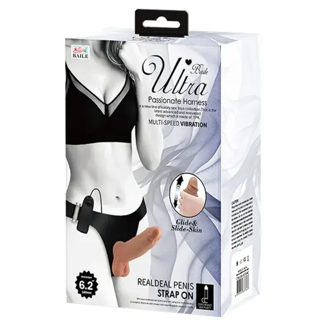 Vibracijski strap-on Baile Ultra Passionate Harness 6, žični upravljalnik, 16 cm, 2 x AA, svetle kožne barve
