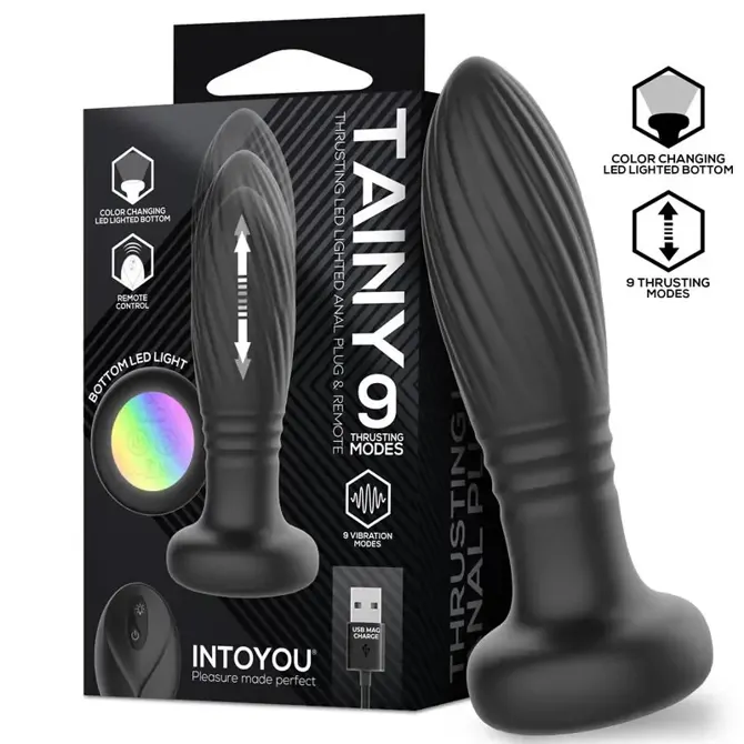 Vibracijski analni čep z LED osvetlitvijo Intoyou Tainy, 9 potiskov, 9 vibracij, IPX6, magnetno USB polnjenje