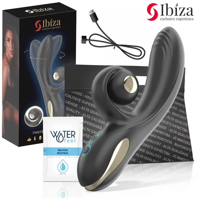 Vibrator Rabbit Ibiza Twister Stimulator & Rotation, 18,4 cm, 10 načinov vibracij in rotacij, ABS plastika, črne barve