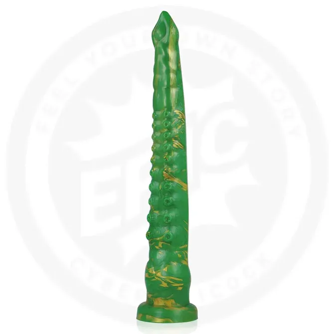 Dildo Epic Hylos Green Flash, 29,5 cm, prisesek, medicinski silikon, zelene barve z zlatim odtenkom 3