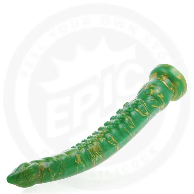 Dildo Epic Hylos Green Flash, 29,5 cm, prisesek, medicinski silikon, zelene barve z zlatim odtenkom 5