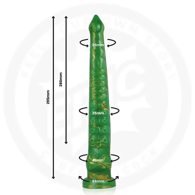 Dildo Epic Hylos Green Flash, 29,5 cm, prisesek, medicinski silikon, zelene barve z zlatim odtenkom 6