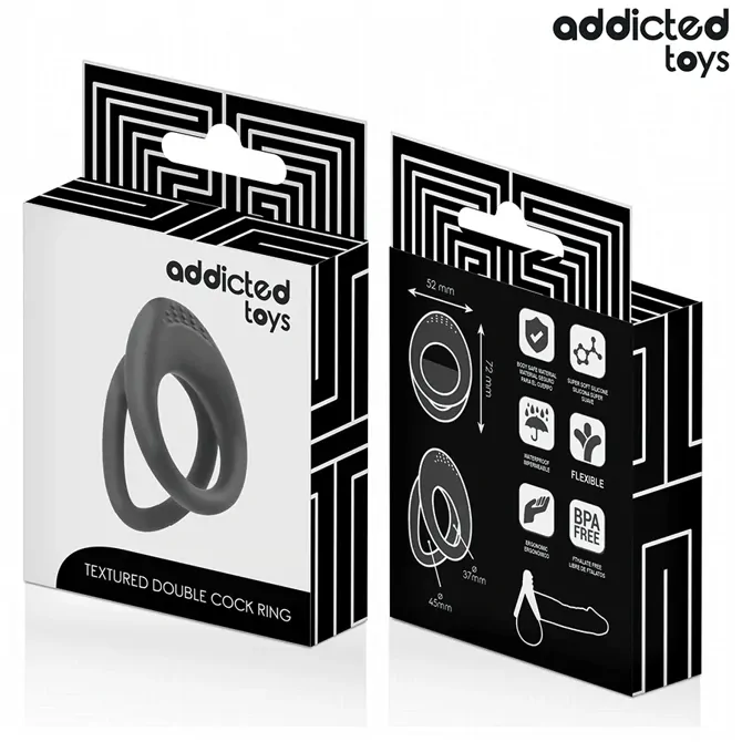 Erekcijski obroček Addicted Toys Double Textured, dvojna zasnova, teksturirana površina, vodoodporen, črne barve 6