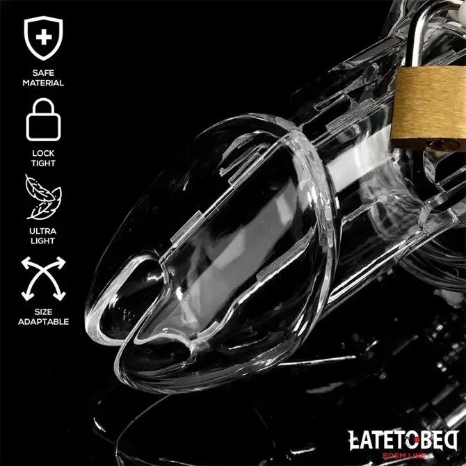 Kletka za penis Latetobed Cage Universal Long Clear, prozorna, 5 obročev, zaklepanje s ključavnico 3