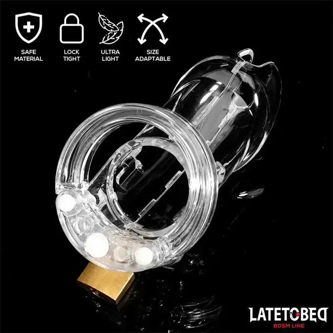 Kletka za penis Latetobed Cage Universal Long Clear, prozorna, 5 obročev, zaklepanje s ključavnico 6