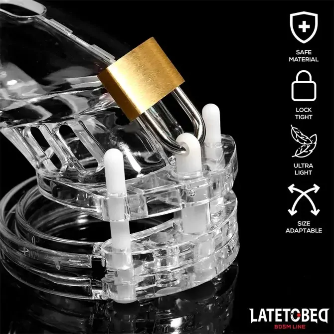 Kletka za penis Latetobed Cage Universal Short, 5 obročev za prilagajanje, kovinska ključavnica, dolžina 7 cm, prozorne barve 5
