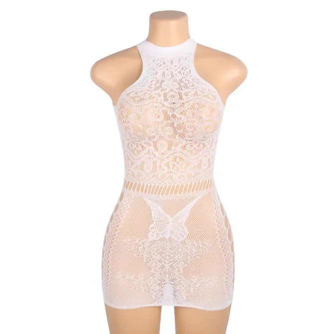 Komplet Ohyeah Lingerie H3605 Glow In The Dark, bodystocking in rokavice, svetleč v temi, čipkast vzorec, bela 4