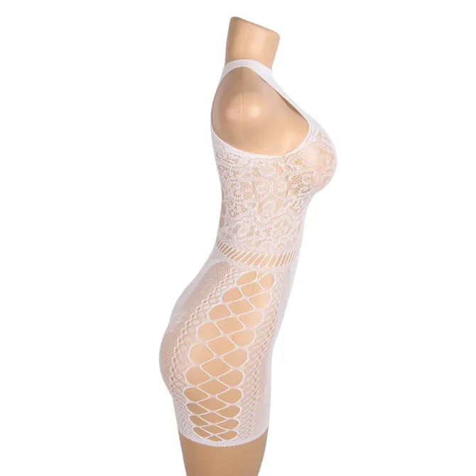 Komplet Ohyeah Lingerie H3605 Glow In The Dark, bodystocking in rokavice, svetleč v temi, čipkast vzorec, bela 6