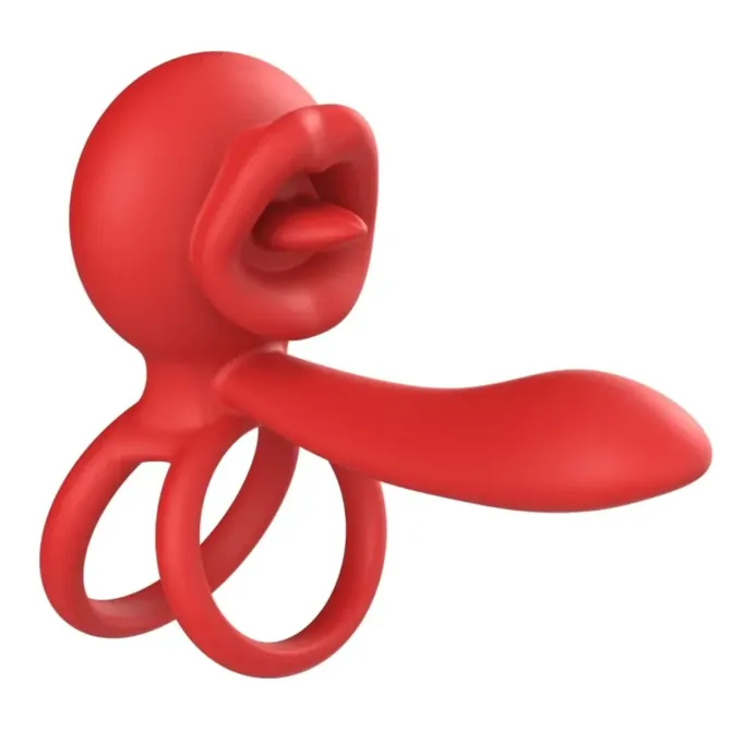 Vibracijski erekcijski obroček STD Tongue Licking I, gibljiv jeziček, 9 vibracijskih načinov, dvojni obroček, upravljanje z aplikacijo, magnetno USB polnjenje, rdeče barve 3