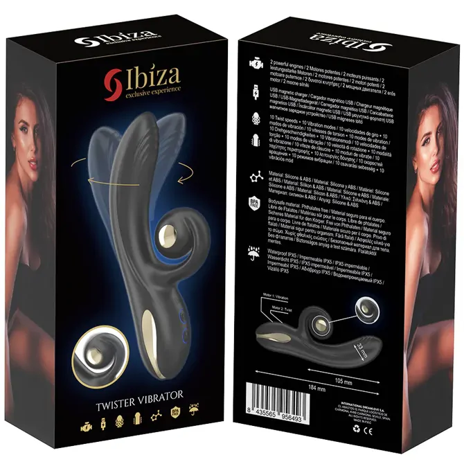 Vibrator Rabbit Ibiza Twister Stimulator & Rotation, 18,4 cm, 10 načinov vibracij in rotacij, ABS plastika, črne barve 6