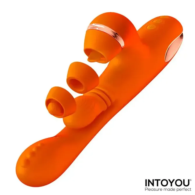 Vibrator Rabbit Intoyou Ethan, 23,5 cm, silikon in ABS plastika, vodoodporen IPX6, različni nastavki, oranžne barve 5