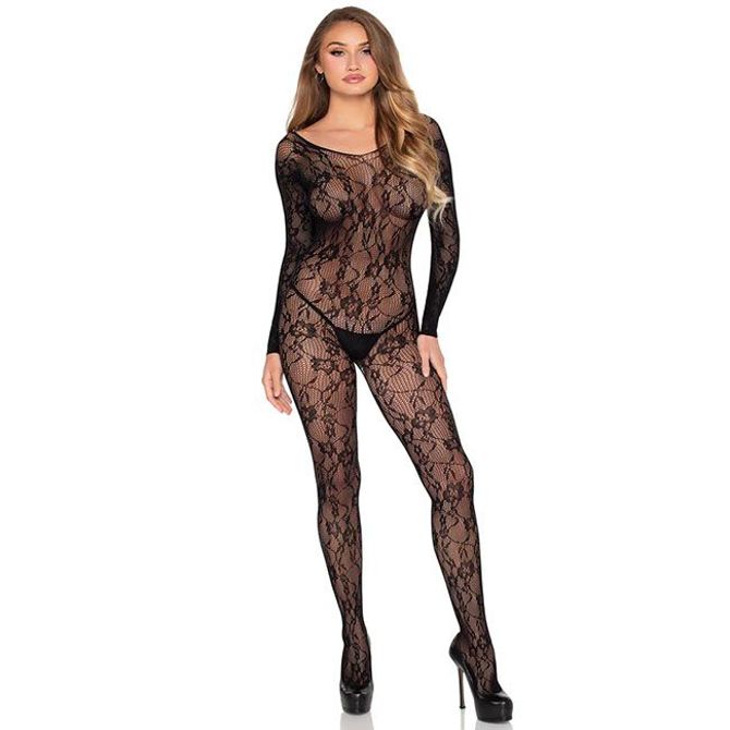 Ženski kombinezon Leg Avenue Bodystocking, cvetlična čipka, dolgi rokavi, prosojen dizajn, enotna velikost 5