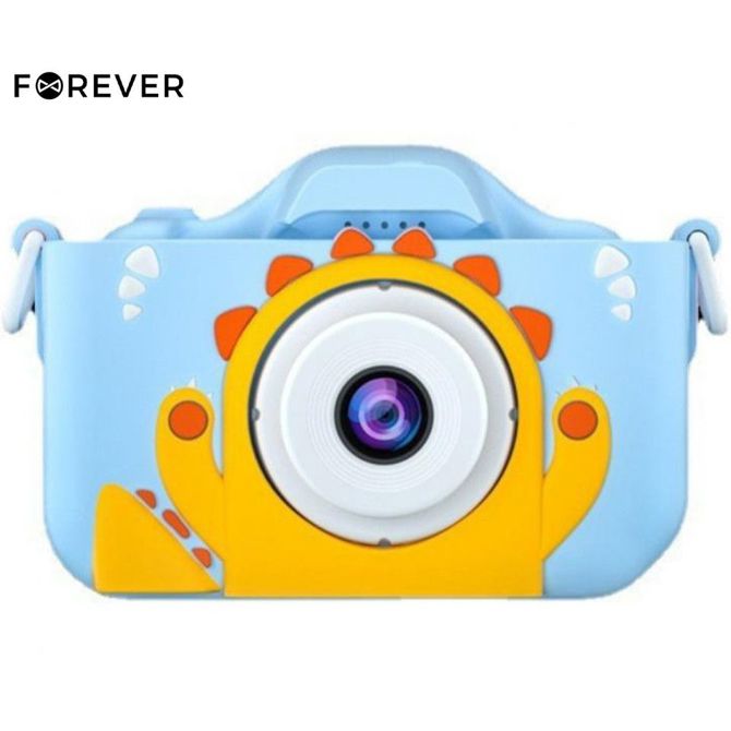 FOREVER SKC-100 II otroški fotoaparat, 2 IPS barvni zaslon, igre, polnilna baterija, SD kartica, USB Type-C, varnostni trak, moder (Blue Dinosaur)