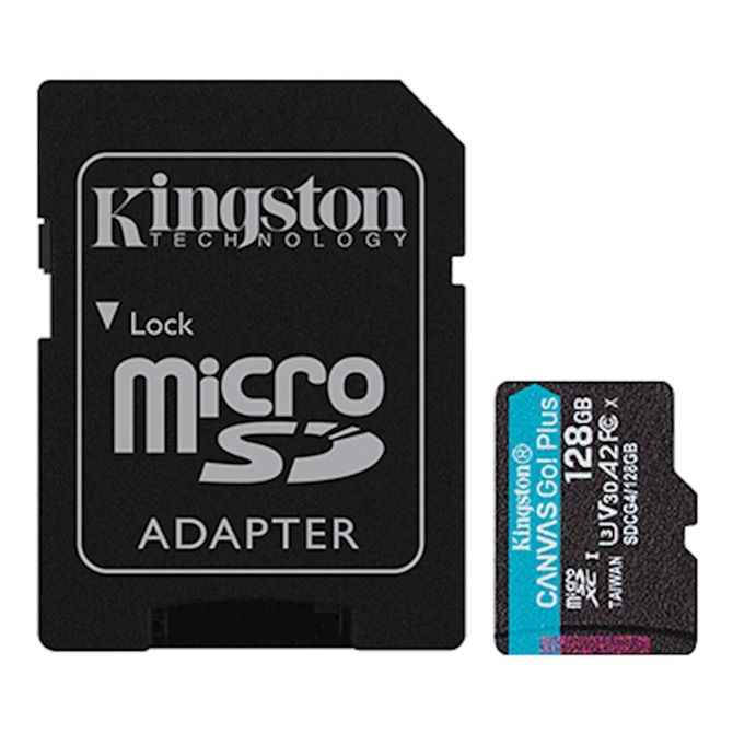 SDXC KINGSTON micro 128GB Canvas Go Plus, 200/100MB/s, C10, UHS-I, U3, V30, A2, adapter SDCG4/128GB