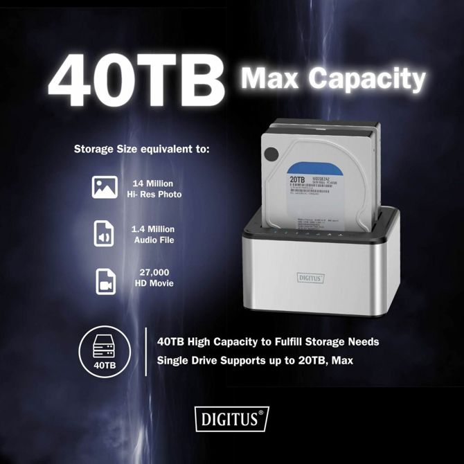 Čitalec spominskih kartic Digitus Dual SATA HDD srebrna/črna, USB 3.0, za 2,5/3,5, LED indikator, omrežno napajanje 4